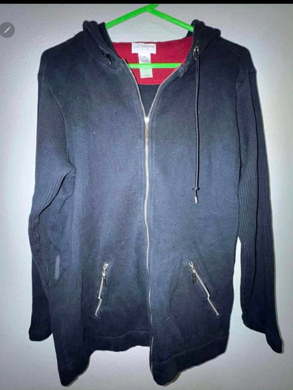 Liz Claiborne Black Hooded Zip Sweater with Red Lining